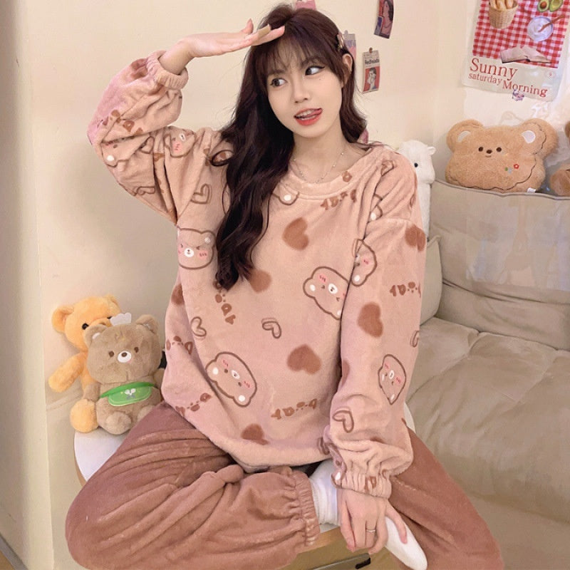 Womens Coral Fleece Winter Pajamas Relaxed Fit Long Sleeve