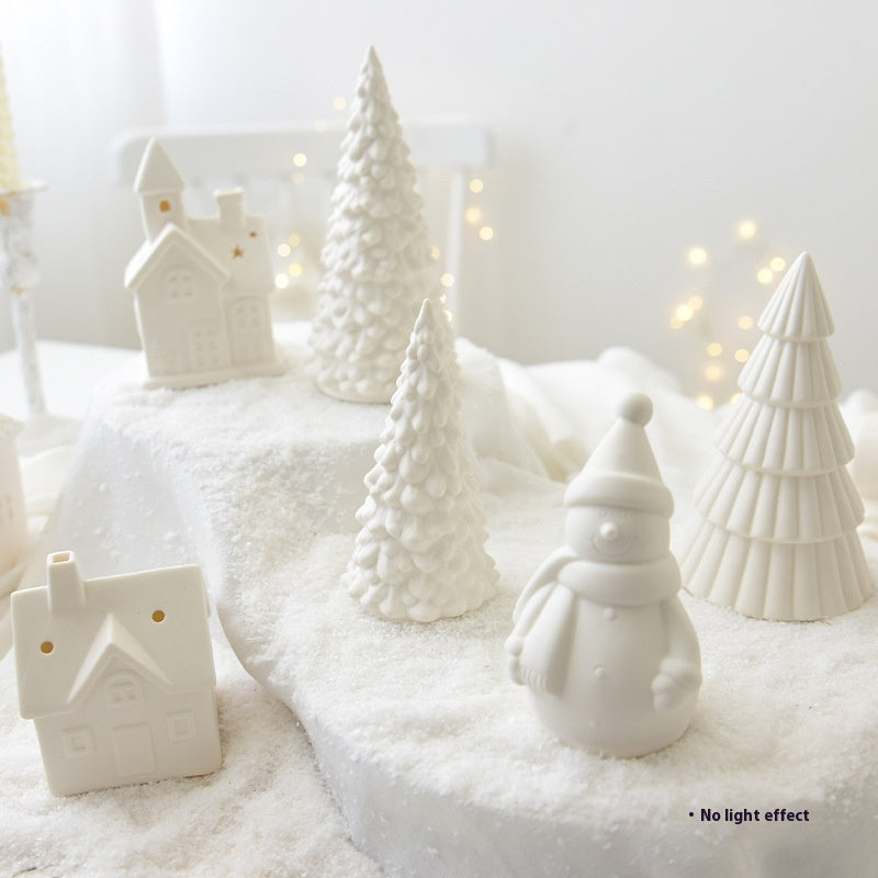 Ceramic Christmas Tree with LED Snowman Small House Desktop Decoration