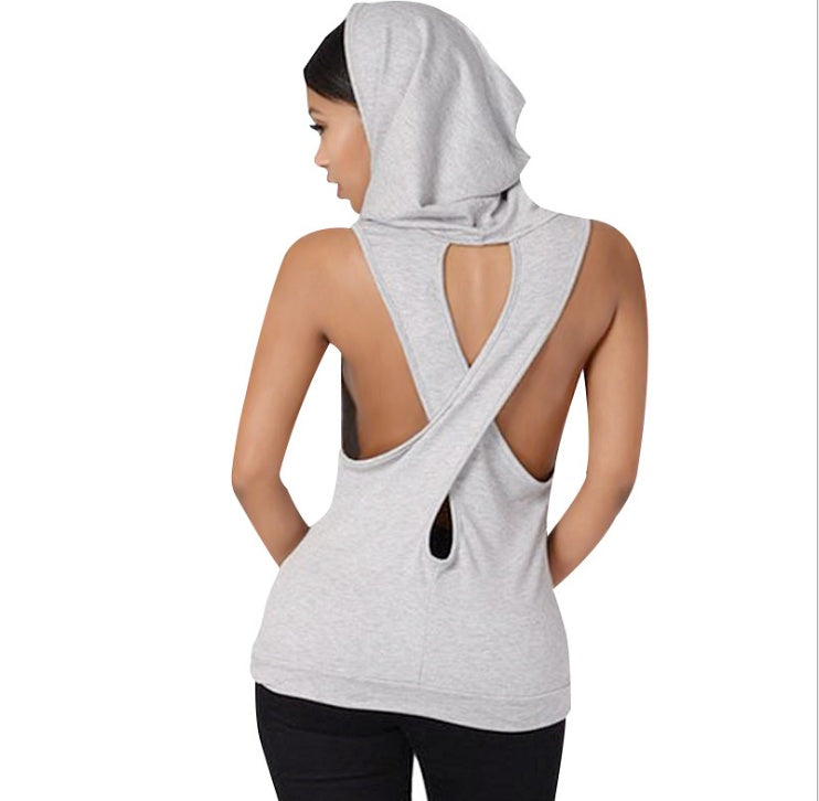 Women’s Hooded Yoga Tank Top – Backless Sleeveless Sportswear