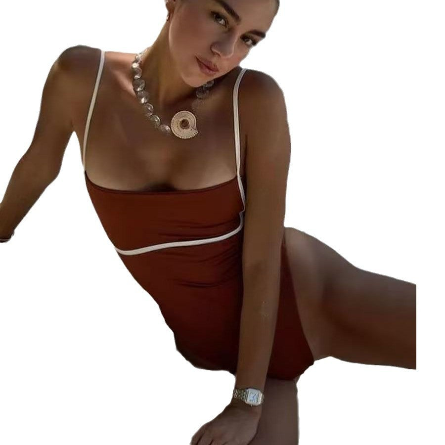 Women’s Brown Nylon One-Piece Swimsuit – Swim & Wading Beachwear