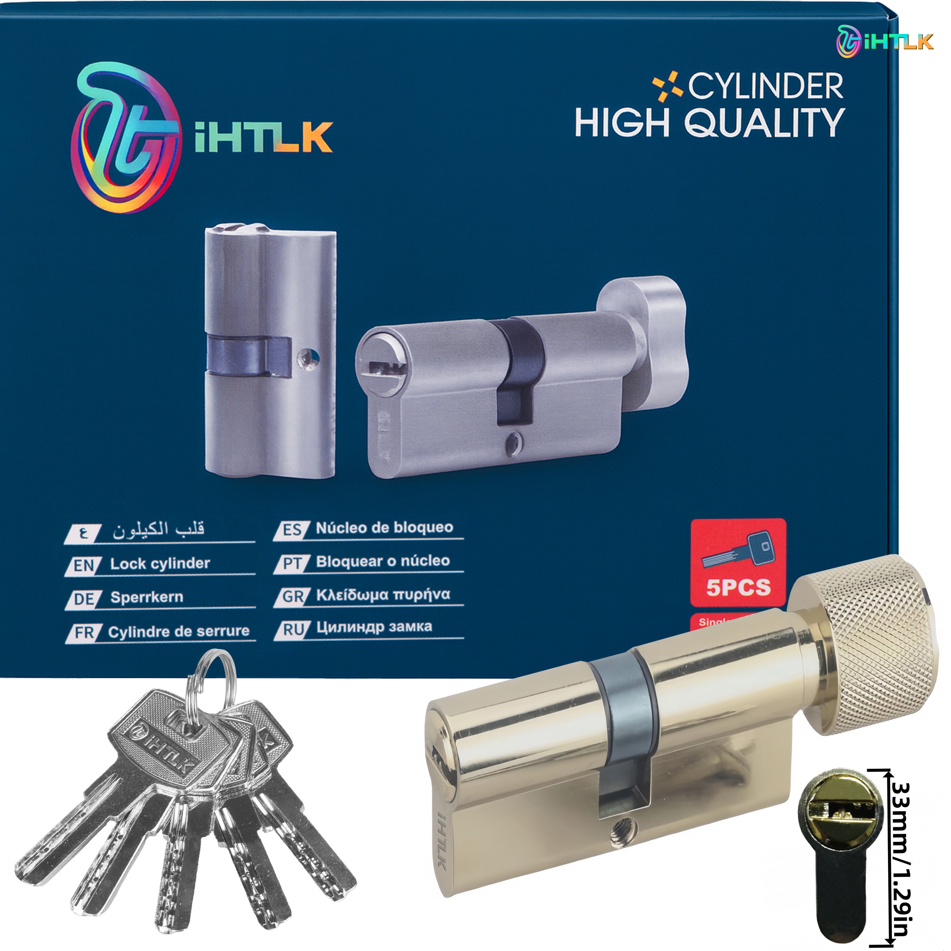 1 Piece Of European Standard Size, 70mm Length Knob Lock Cylinder, Lock Cylinder With 5 Keys, Suitable For Anti-Theft Doors, Office Doors, Stainless Steel Doors, Indoor Doors