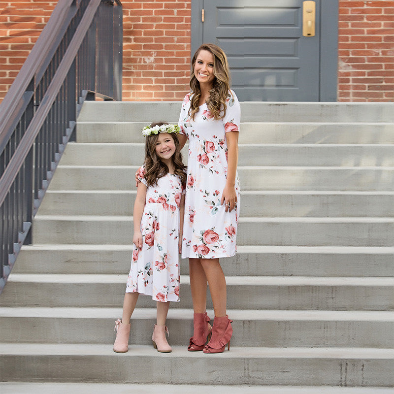 New Parent-Child Digital Print White Dress