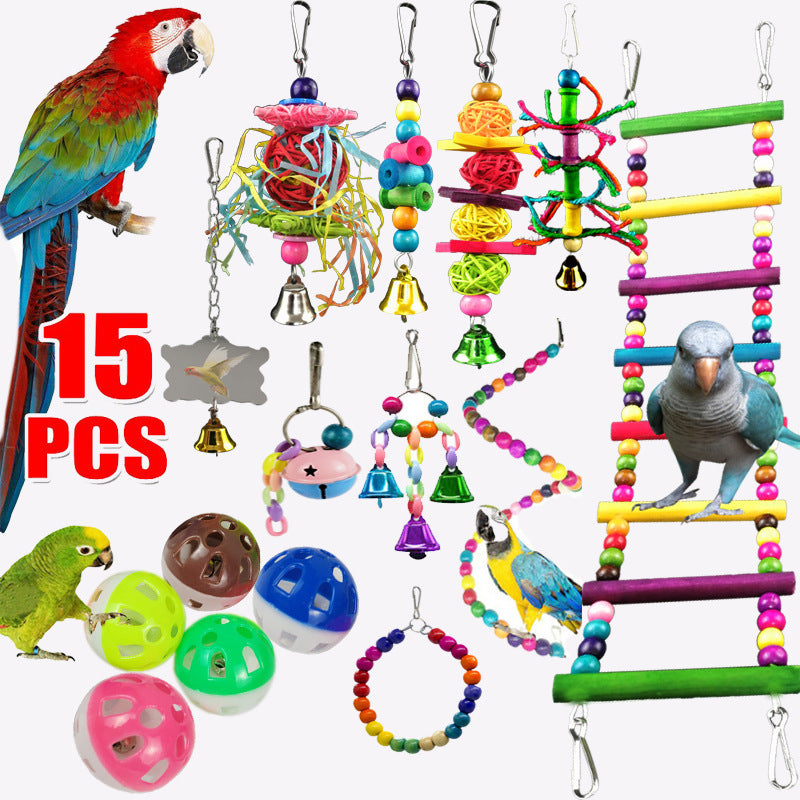 Parrot Toy Set – 10-Piece Wooden Beads, Rotating Ladder, Swing, Stand, Chewing Balls, and Climbing Accessories