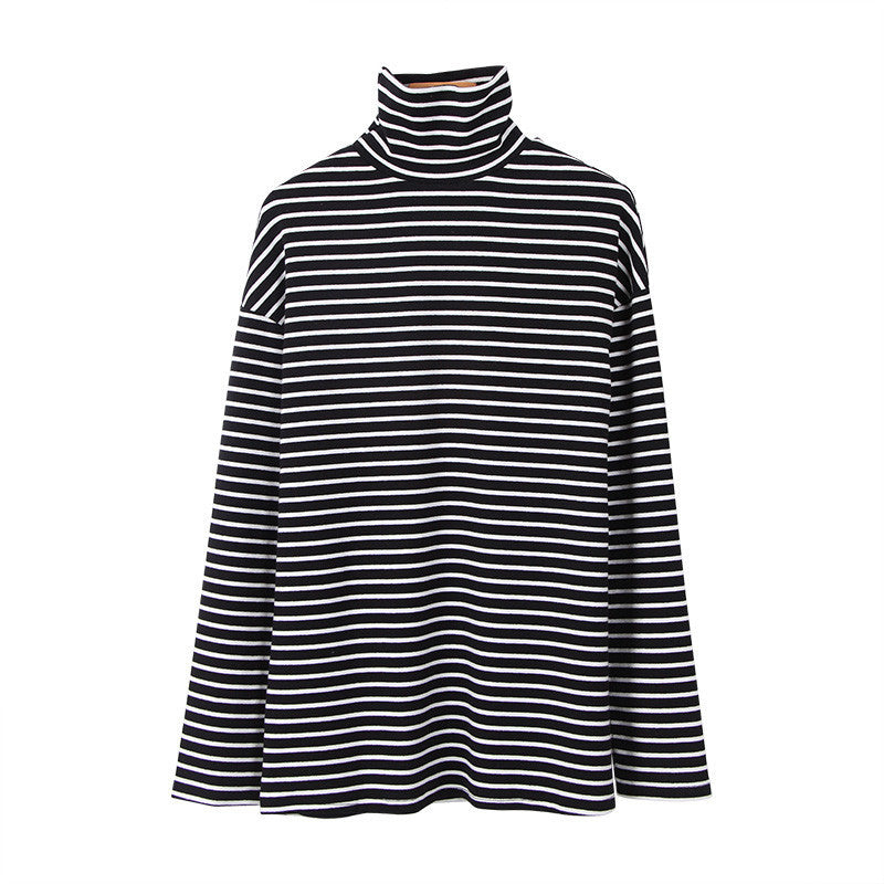 Women's High-Neck Striped Top – Cozy Early Autumn & Winter Long Sleeve Blouse