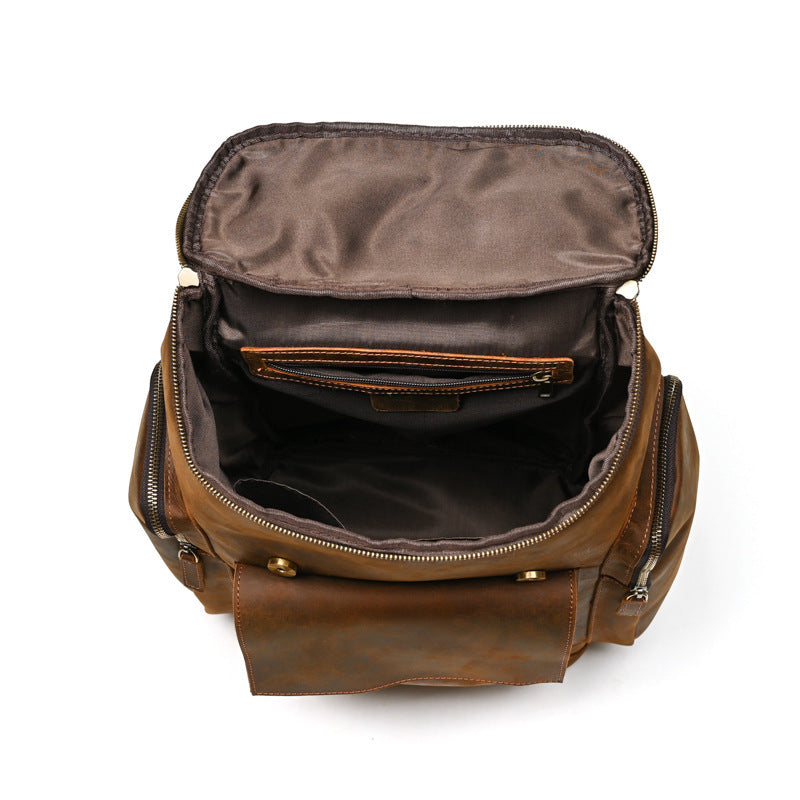 Mens Crazy Horse Leather Backpack Solid Color Cowhide Bag