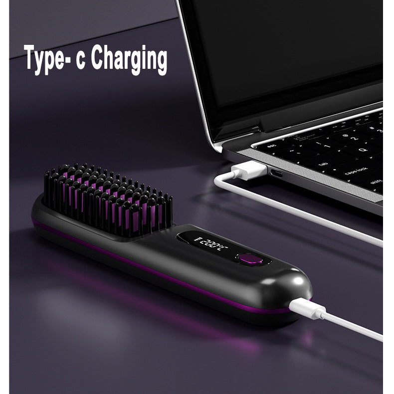 2-in-1 Wireless Hair Straightener Brush and Curler USB Rechargeable Fast Heating Comb