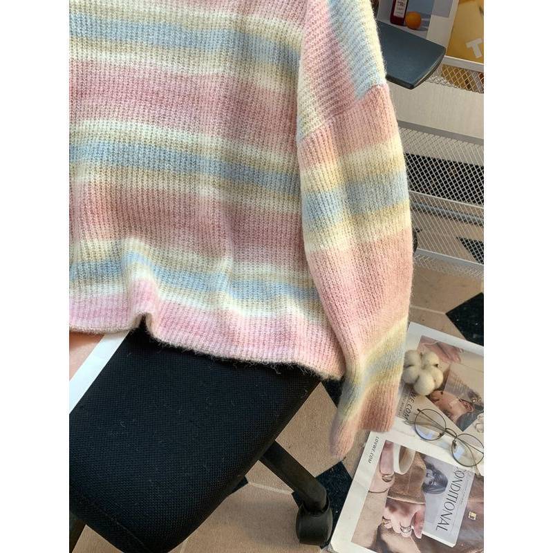 Dopamine Color Stripes Collar Sweater Women