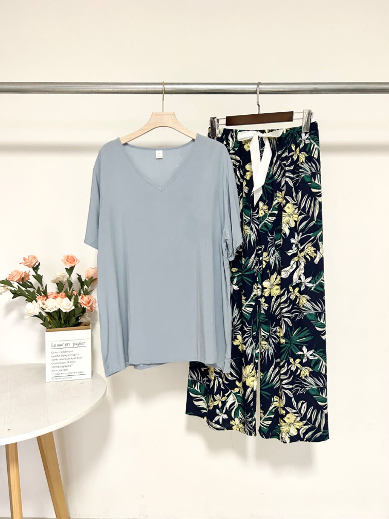 Summer Artificial Cotton Thin Short Sleeve Pants Loungewear Suit