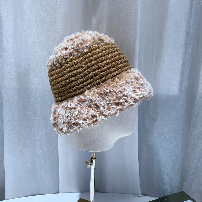 Korean-Style Plush Wool Wide-Brim Fisherman Hat with Dome Crown