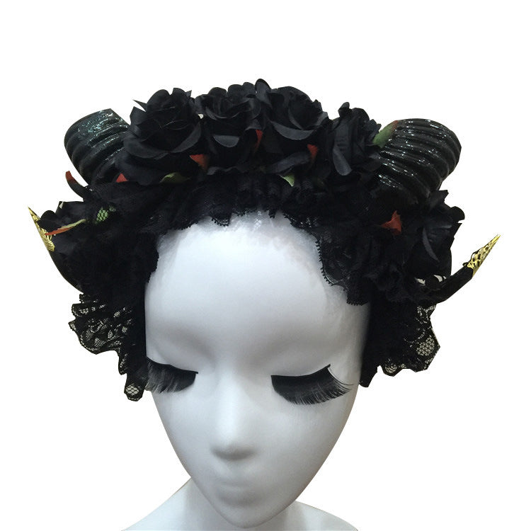 Three Roses Headband Halloween Vampire Demonsheep Horn Veil Hair Accessories