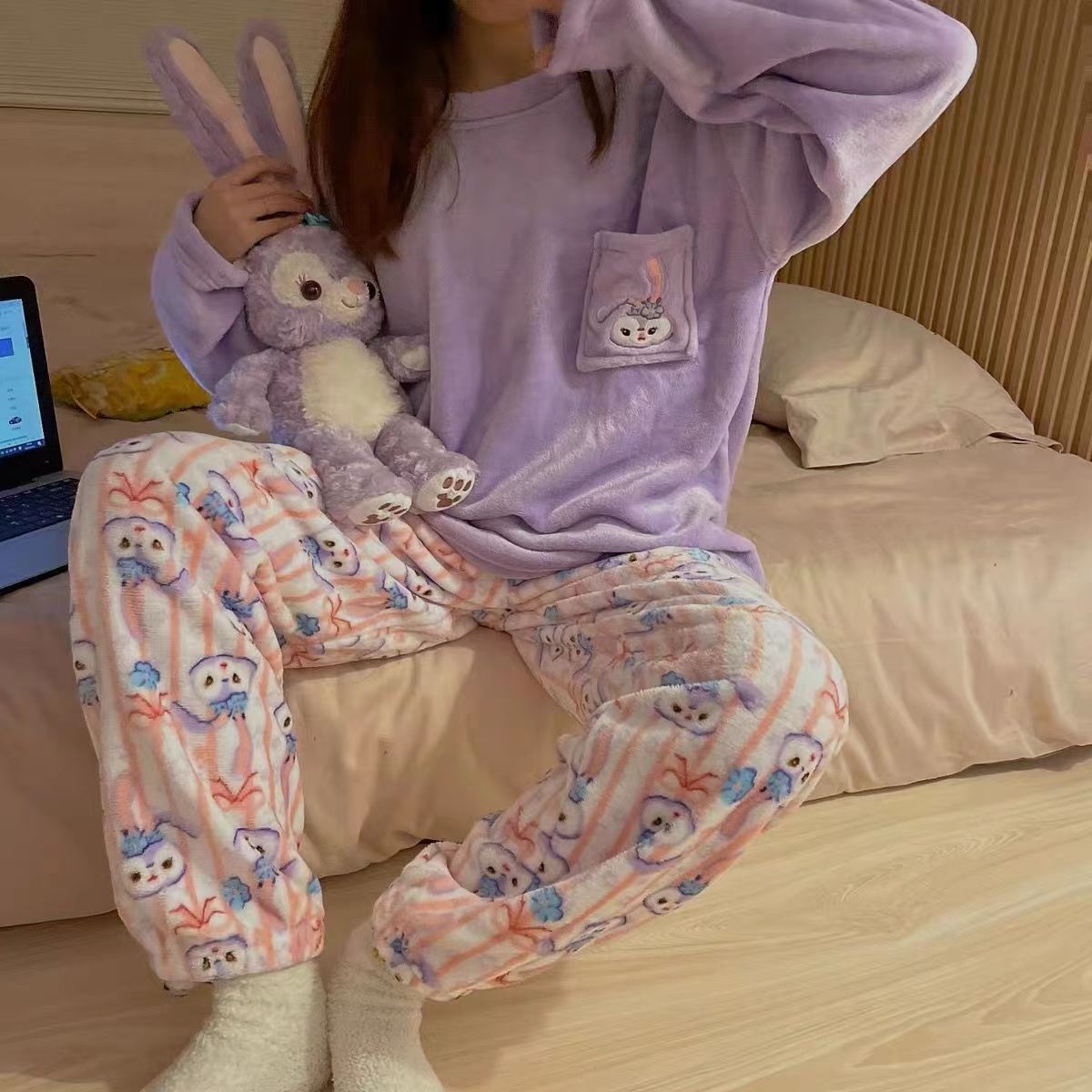 Womens Relaxed Flannel Thickened Loungewear Set Plaid