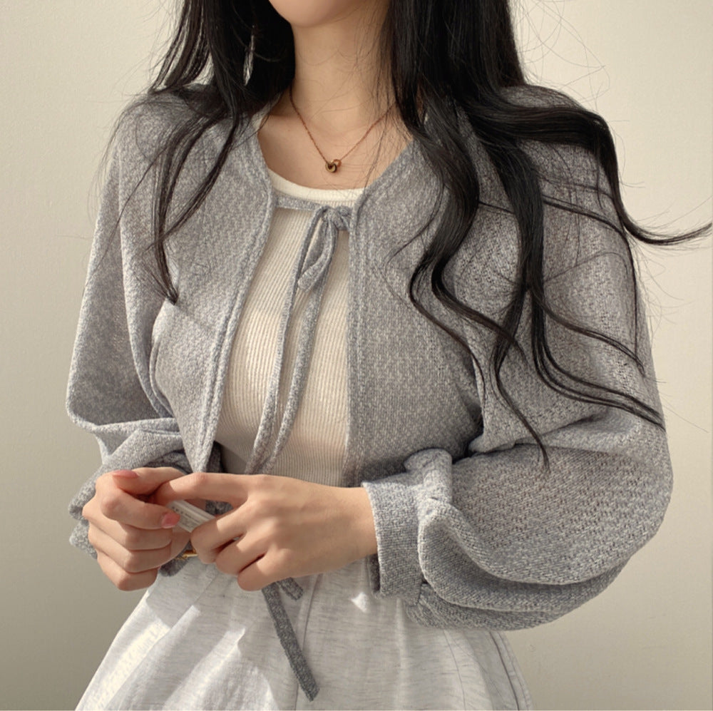 Retro Design Lace-up Lantern Sleeve Short Thin Cardigan Jacket Women