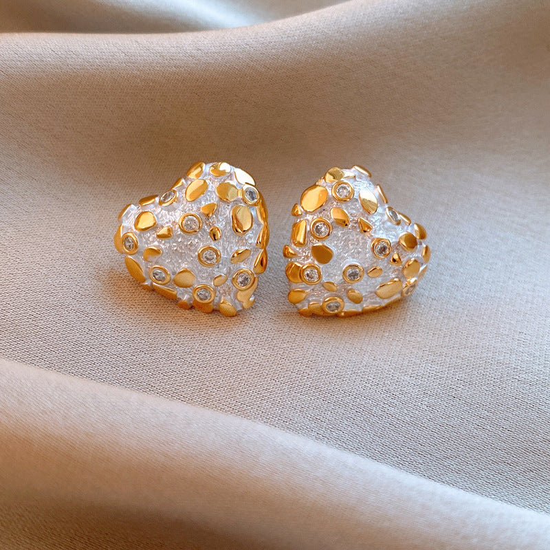 Gold Plating Silver Needle Zircon Dripping Oil Love Heart Earrings Autumn