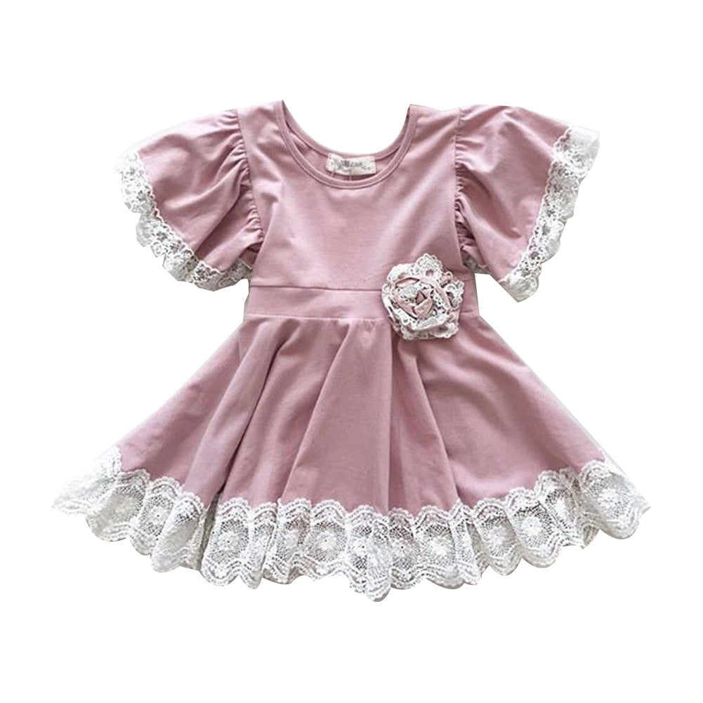 Girls Lace Dress Princess Cut Cotton Pink Party Dress