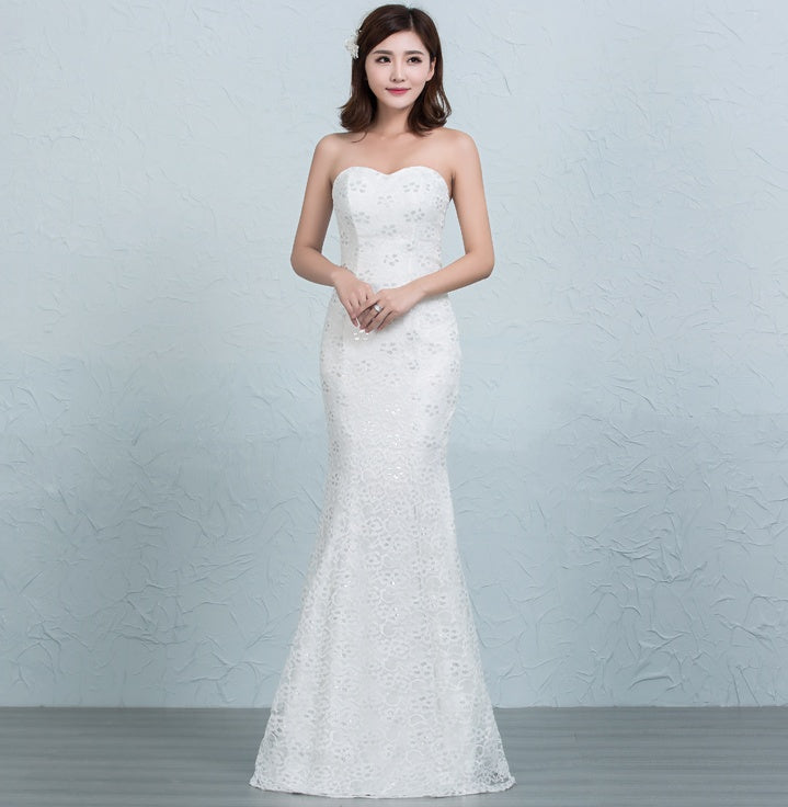 Sequined Lace Waist Fishtail Wedding Dress with Tube Top and Strap Back