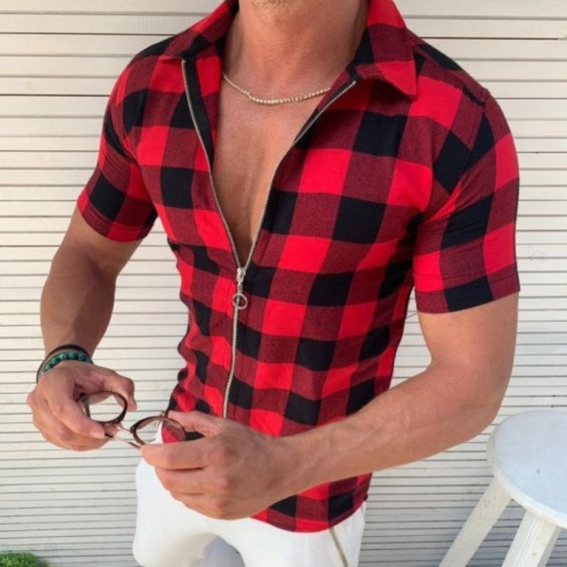 Mens Plaid Short Sleeve Shirt Regular Fit Acetate Lapel
