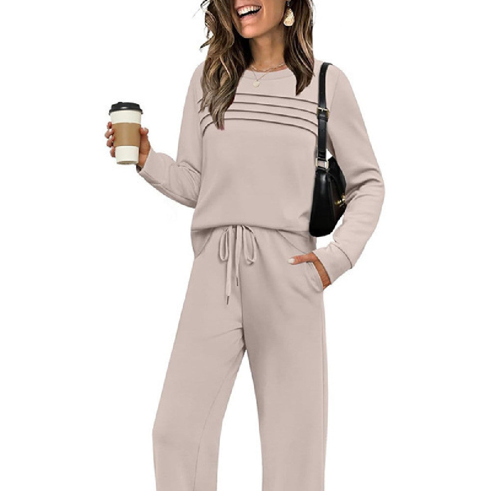 Women Elastic Waist Wide Leg Polyester Pants Solid Color