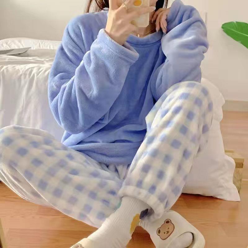 Womens Relaxed Flannel Thickened Loungewear Set Plaid