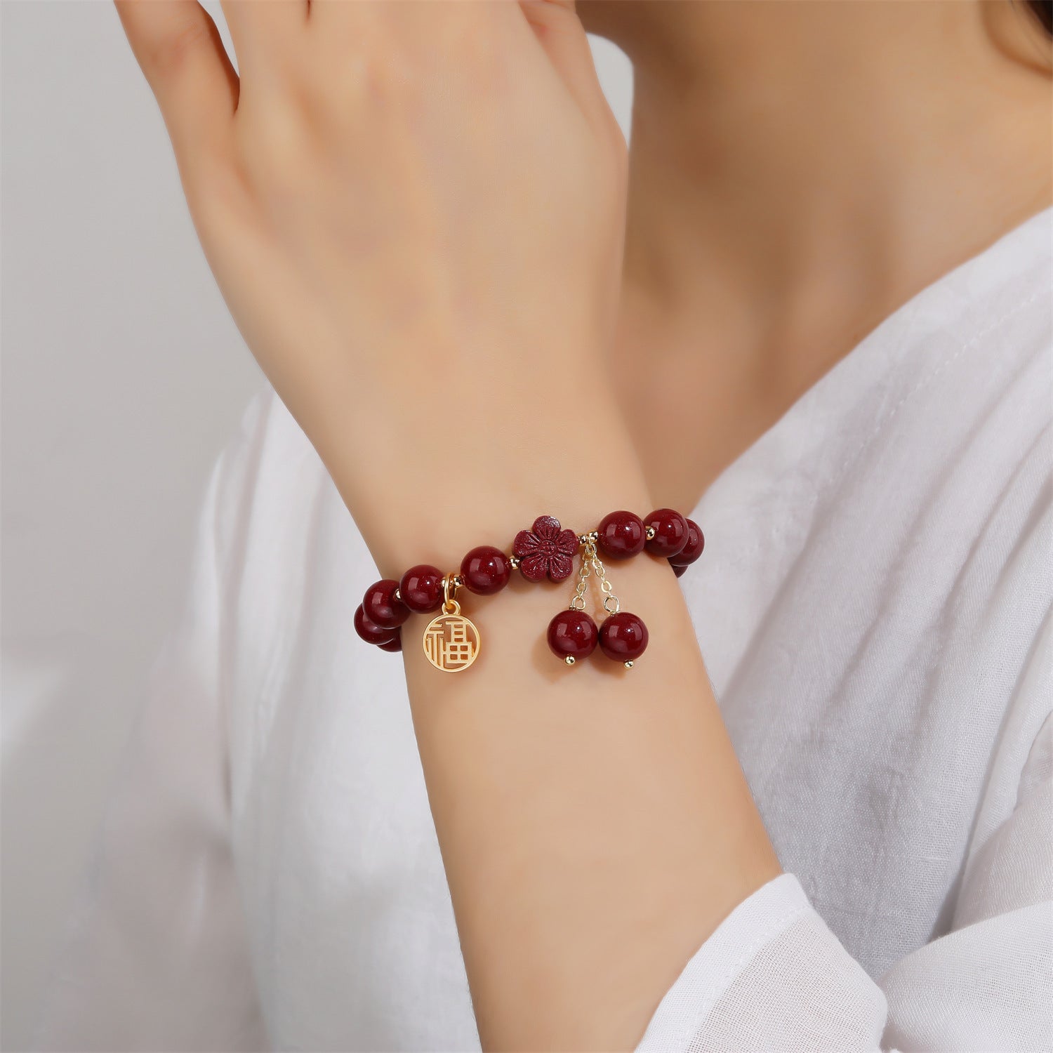Retro Simple Women's High-content Purple Gold Sand Fu Character Peach Blossom Tassel Bracelet