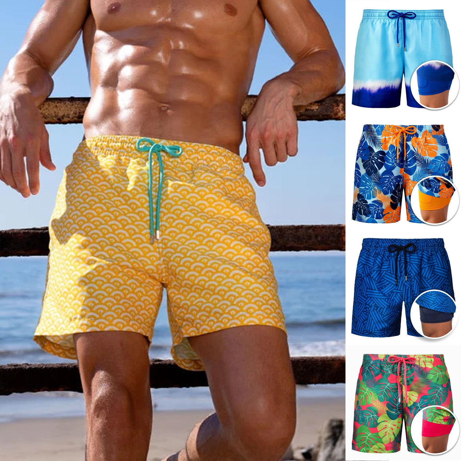 European And American Shorts Men's Beach Sports Pants Printed Double Shorts