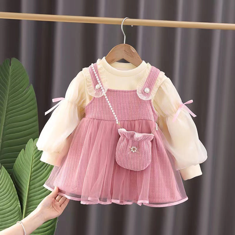Girls' Bubble Sleeve Suspender Skirt Two-piece Suit Sending Blessing Bags