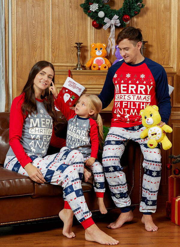 Christmas Parent-child Letter Print Round Neck Color-blocking Family Suit