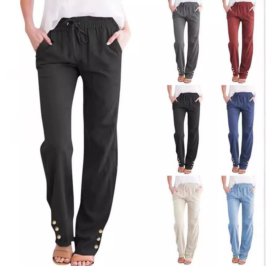 Women’s Cotton-Linen Casual Straight-Leg Pants with Straps