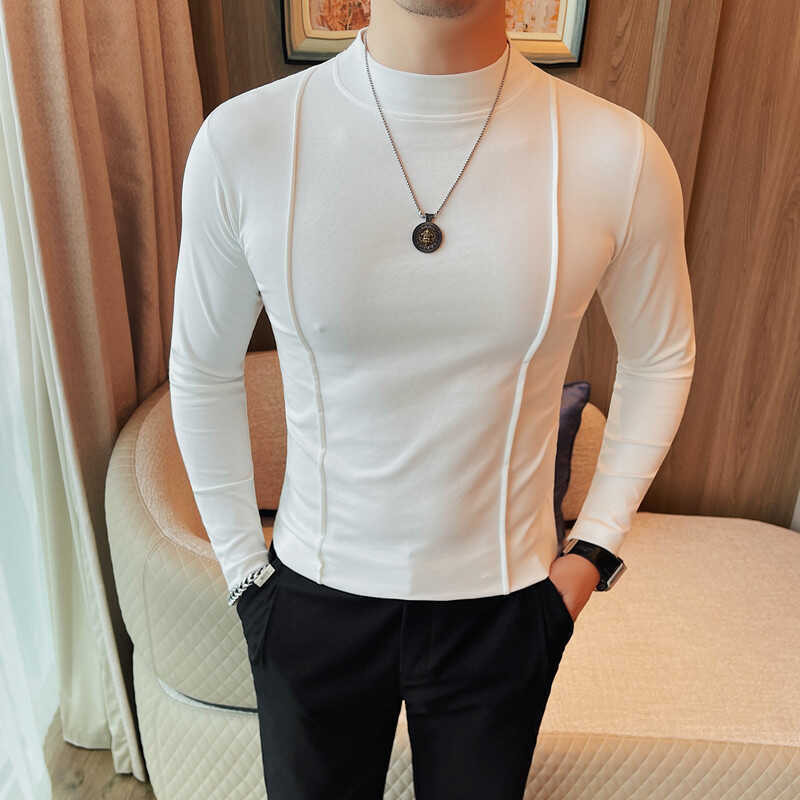 Solid Color Line Long Sleeve T-shirt Men's Round Neck T-shirt Bottoming Shirt