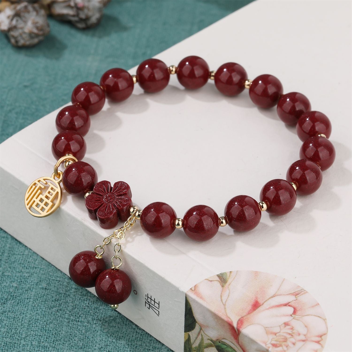 Retro Simple Women's High-content Purple Gold Sand Fu Character Peach Blossom Tassel Bracelet