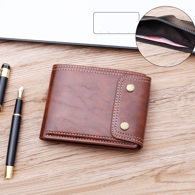 Mens Short Bi Fold Oil Wax Leather Money Clip Wallet
