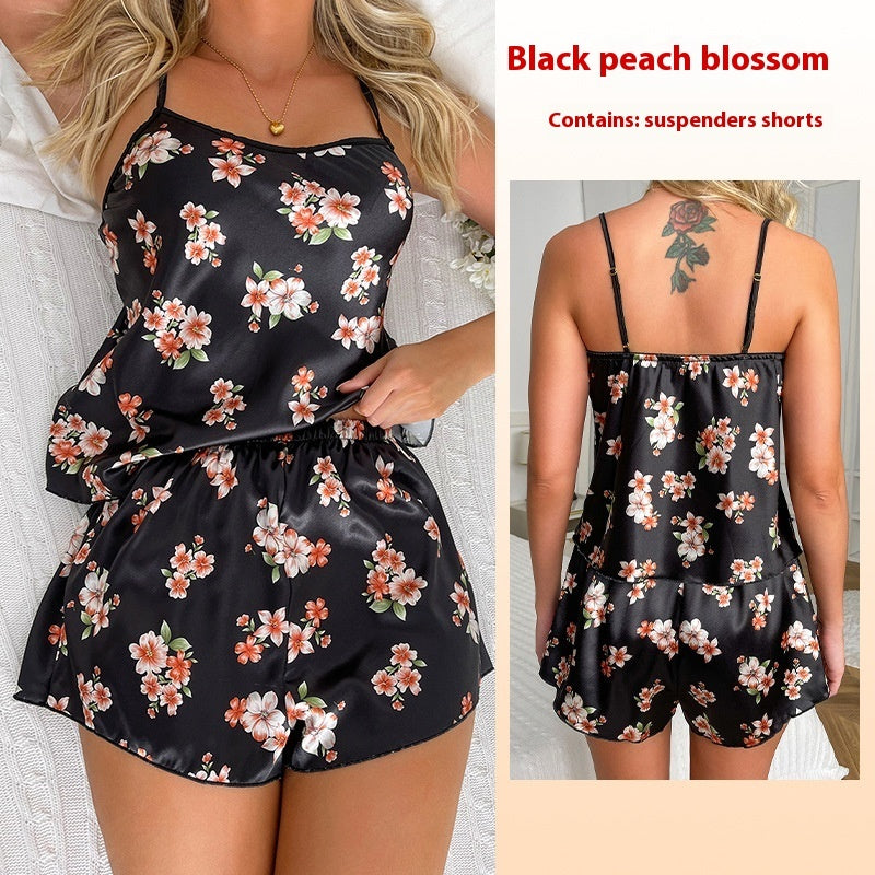 Satin Print Suspender Shorts Pajamas Suit