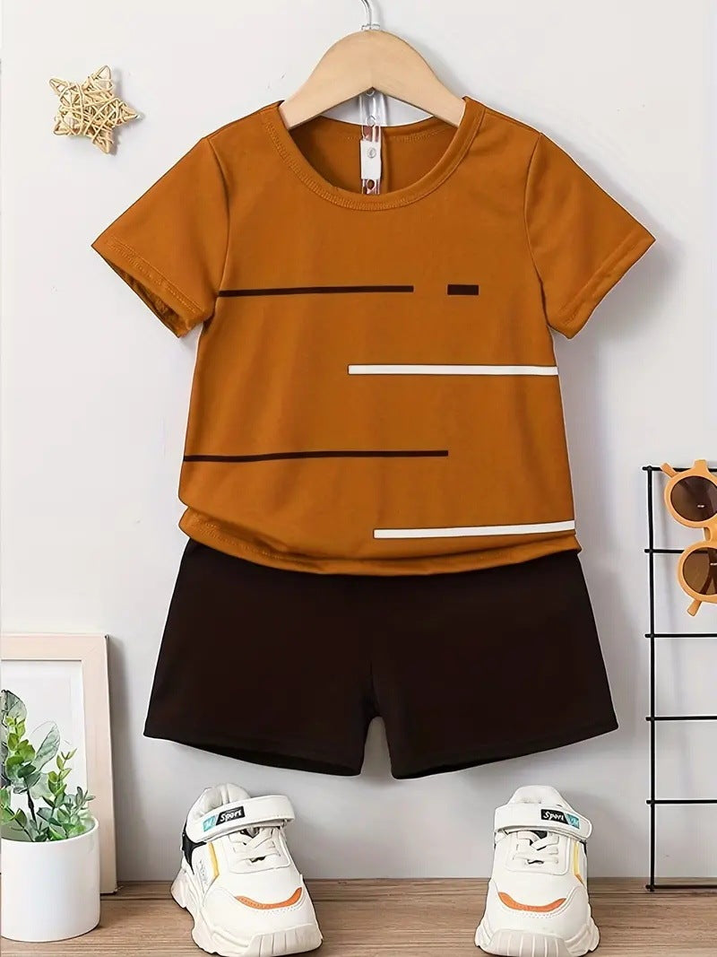 New Short-sleeved T-shirt Shorts Loose Color Matching Lines Two-piece Suit