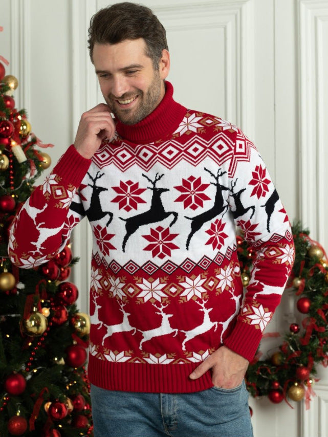 Men’s & Women’s Couple Wear Christmas Elk Jacquard Turtleneck Sweater – Cozy Pullover