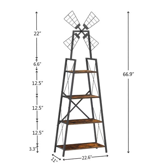 4-Tier Bookshelf,Display Storage Shelves With Metal Frame,Bookcase Organizer With Windmill For Living Room,Home Office