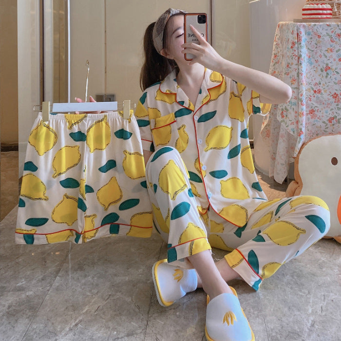Womens Milk Silk Fruit Print Pajamas Short Sleeve Relaxed