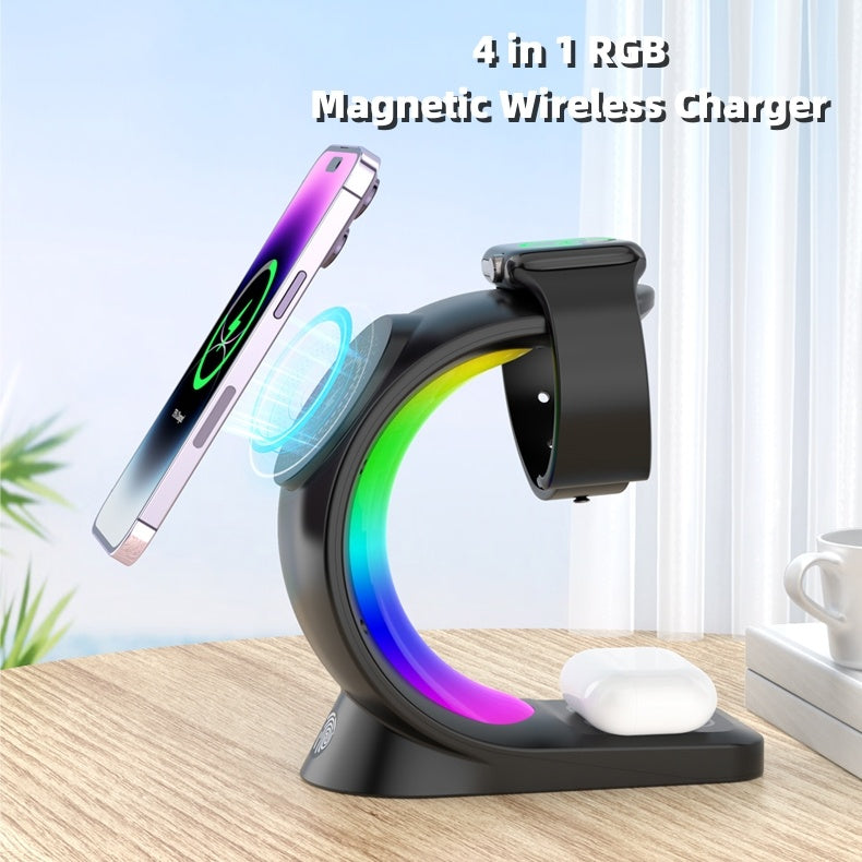 4-in-1 Magnetic Wireless Charging Station, 15W Fast Charge for iPhone, Apple Watch & AirPods Pro with Ambient Light