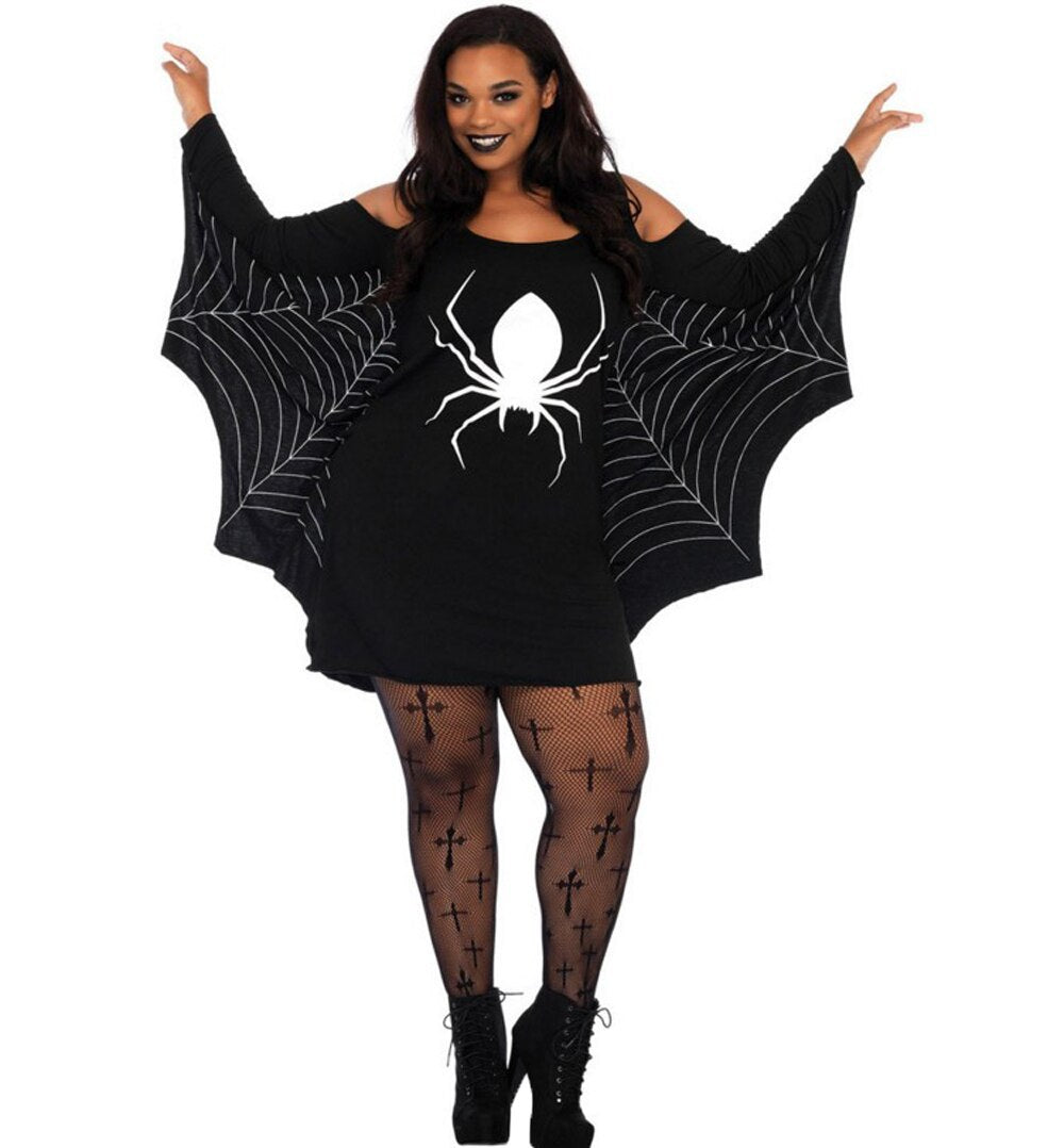 Women’s Black Spider Web Bodycon Dress – Halloween Party Costume Outfit with Short Sleeves