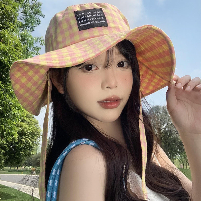 Breathable Cotton Tie-Neck Plaid Women’s Summer Japanese Retro Bucket Hat