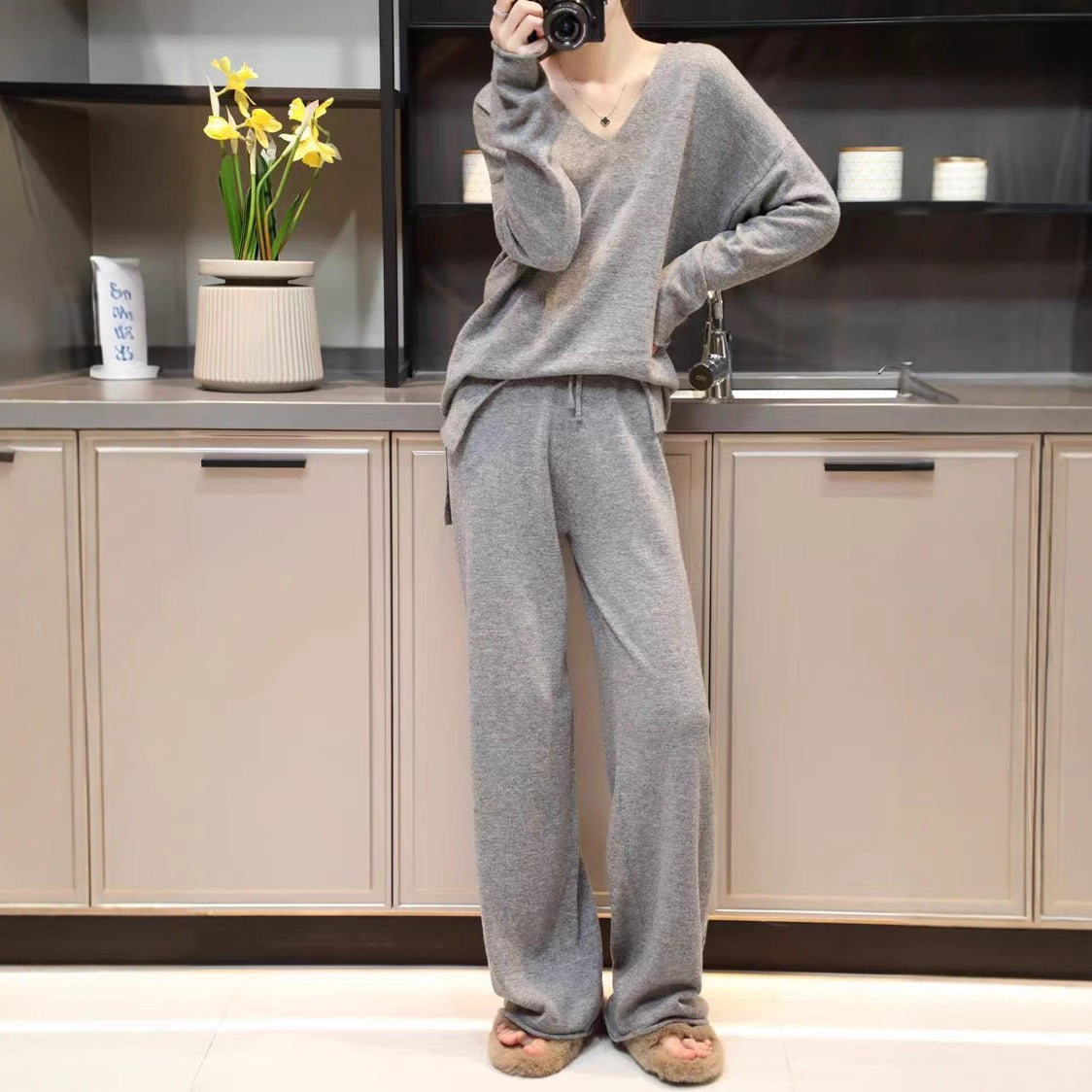 Unisex Korean Cashmere Hooded Top Spliced Wide Leg Pants