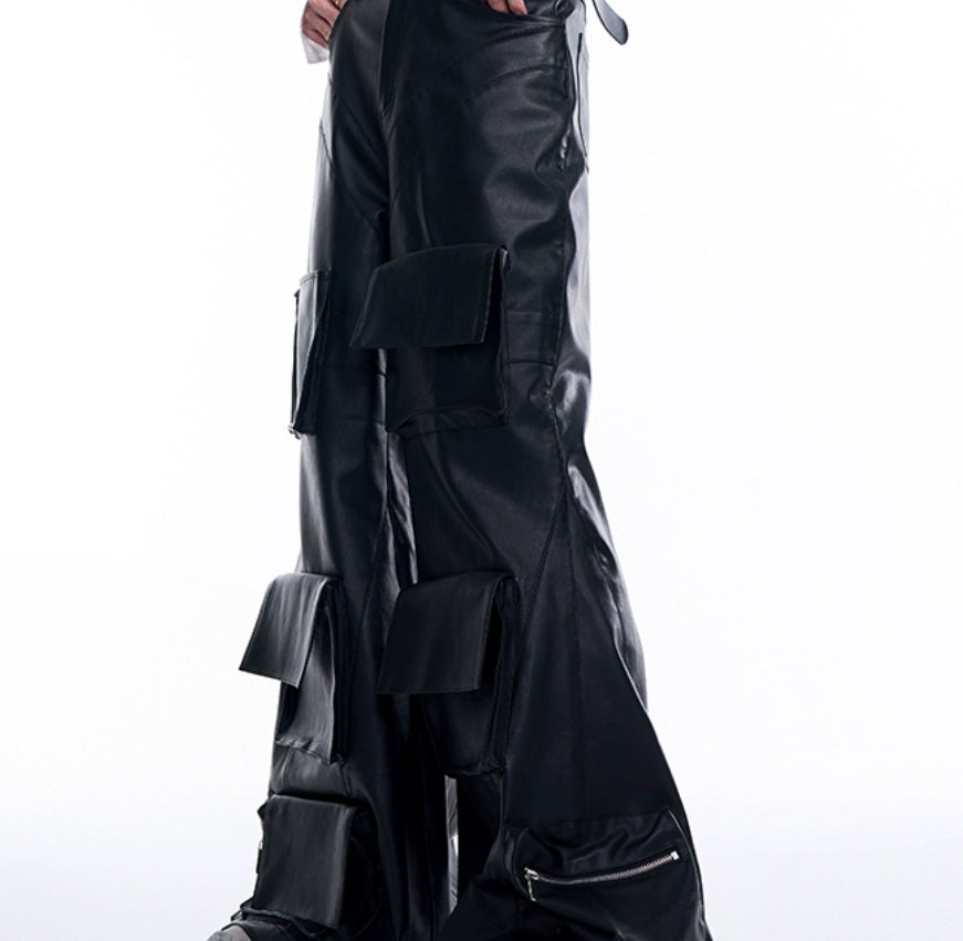 Autumn Three-dimensional Pocket Leather Pants Wide Leg
