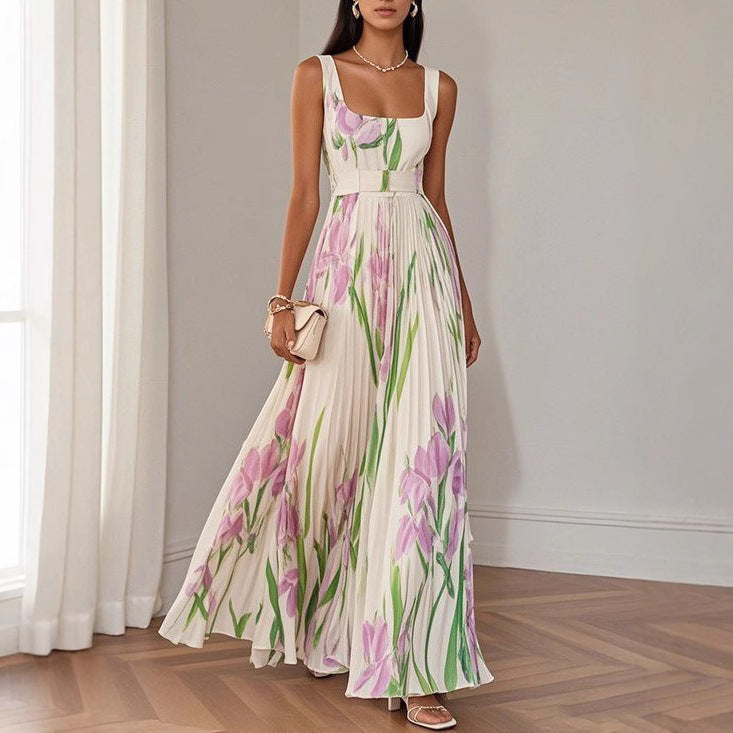 Women's Sleeveless Pleated Floral Polyester Dress Formal