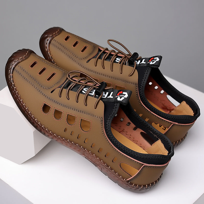 Men's Sandals Hollow Leather Soft Bottom Hole Shoes