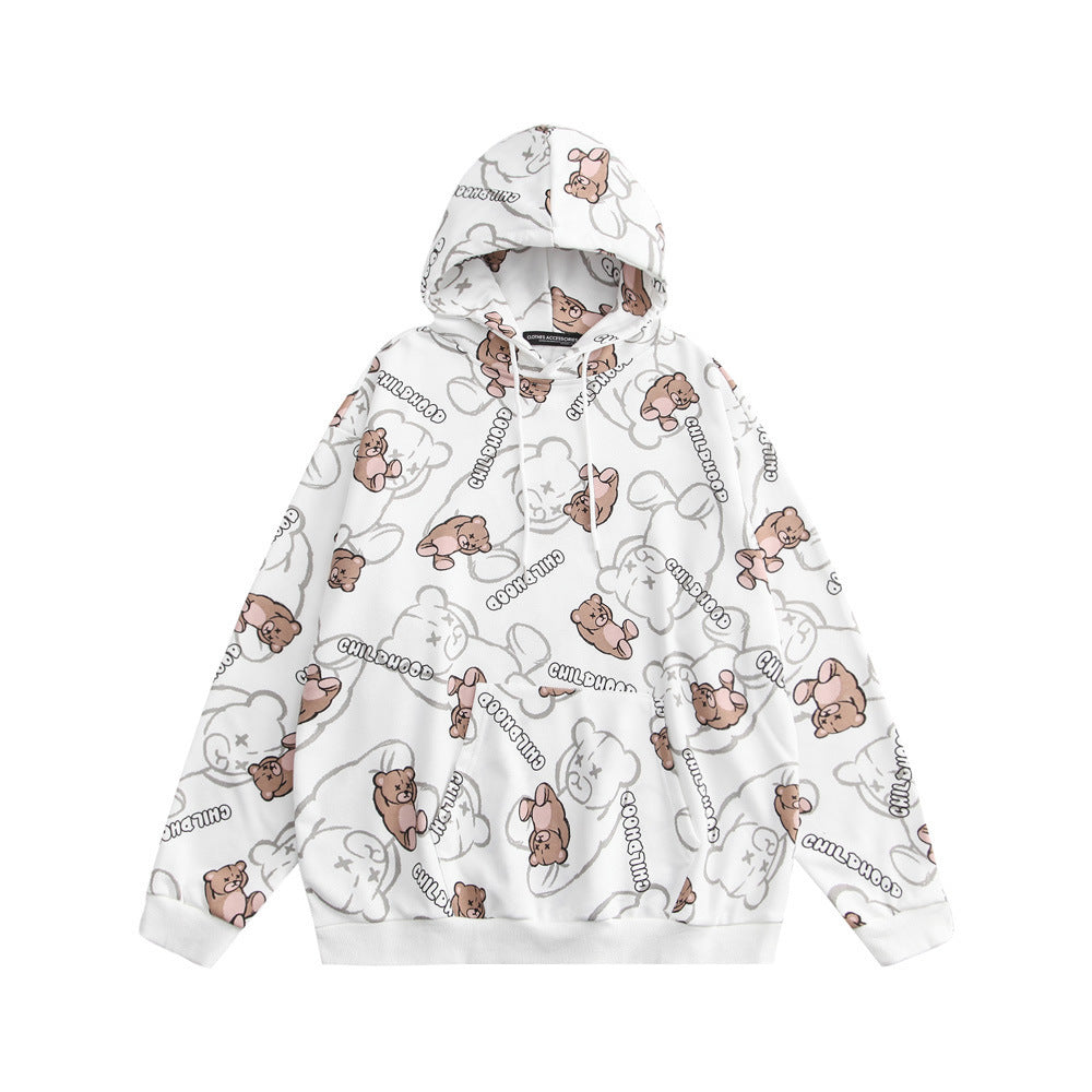 Cartoon Bear Full Print Hooded Sweater Men Lazy Trend Pullover Street Loose