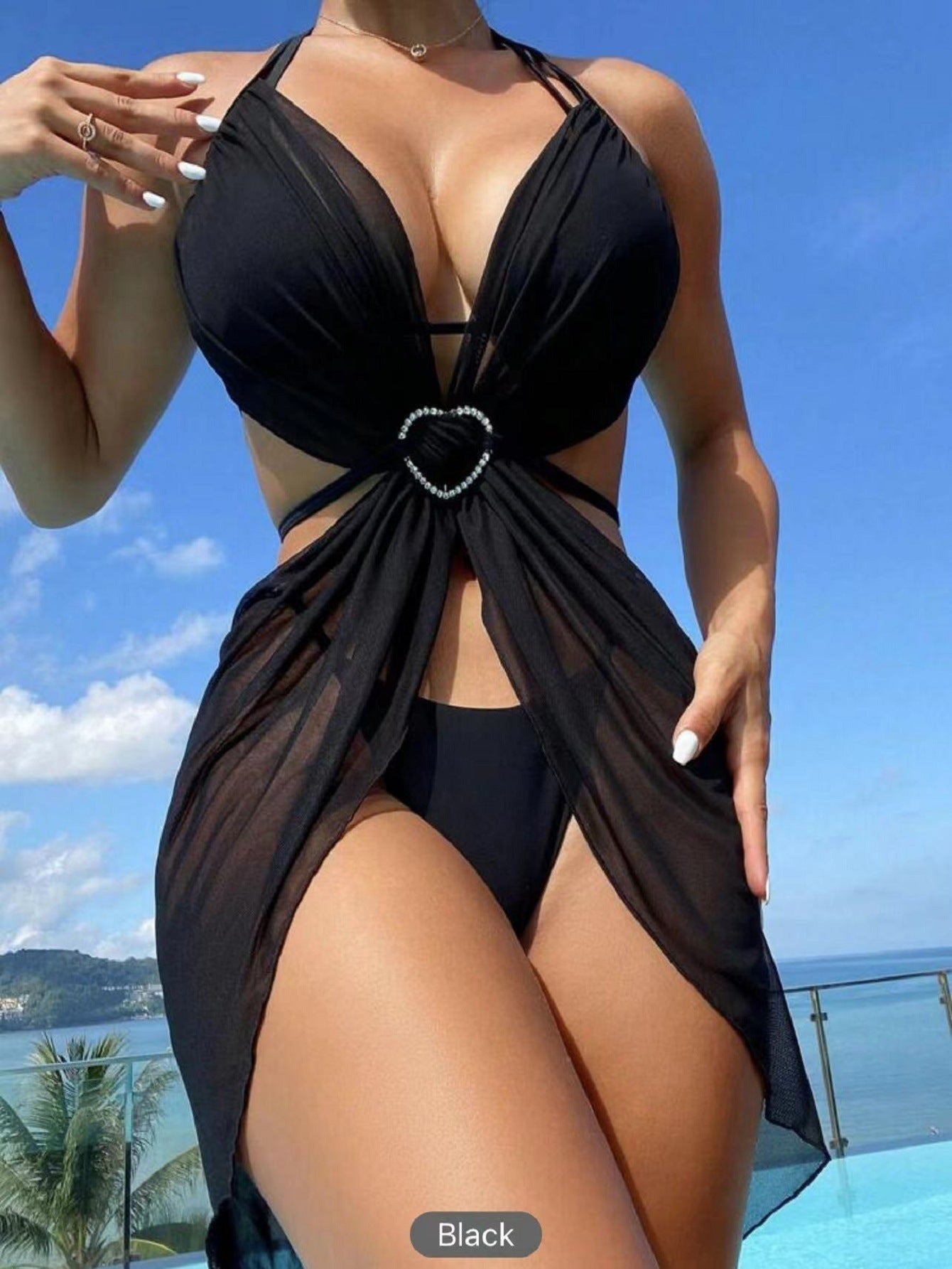 Women's Black High Waist Bikini Two-Piece Solid Polyester