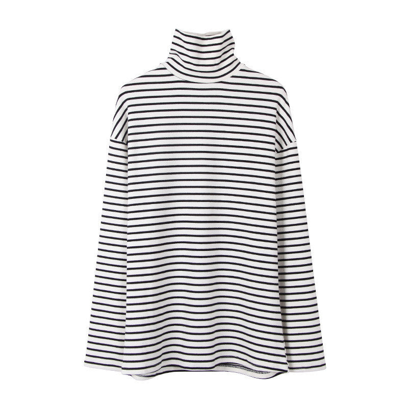 Women's High-Neck Striped Top – Cozy Early Autumn & Winter Long Sleeve Blouse