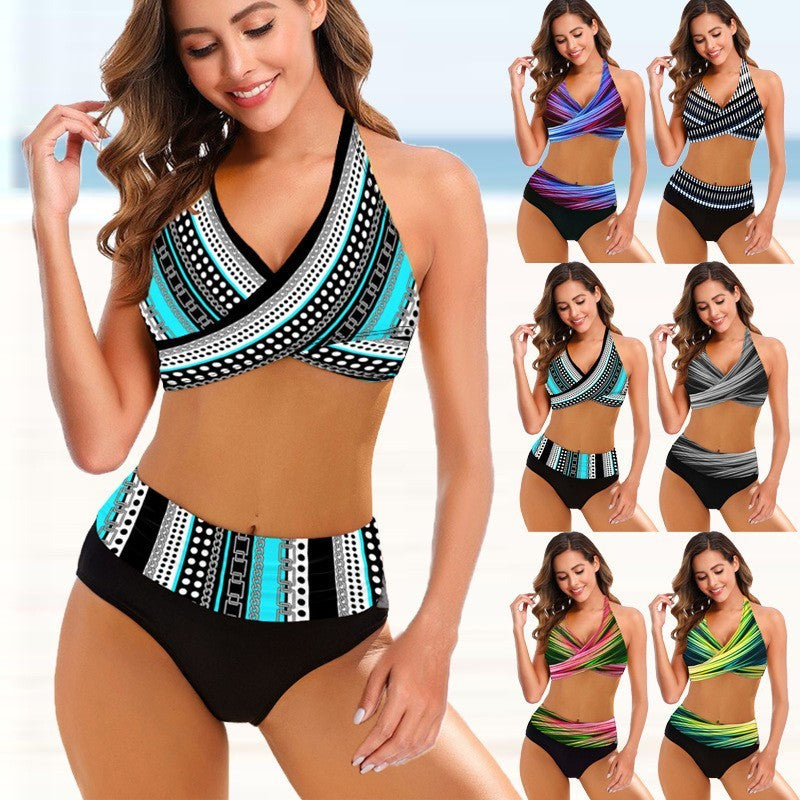 Striped High-Waist Backless Sexy Bikini Set – Plus Sizes