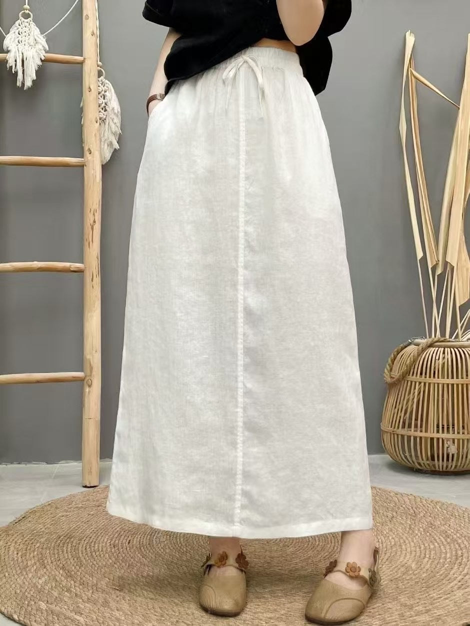 Women’s Linen Long Skirt – Solid Color Elastic Waist Maxi Skirt