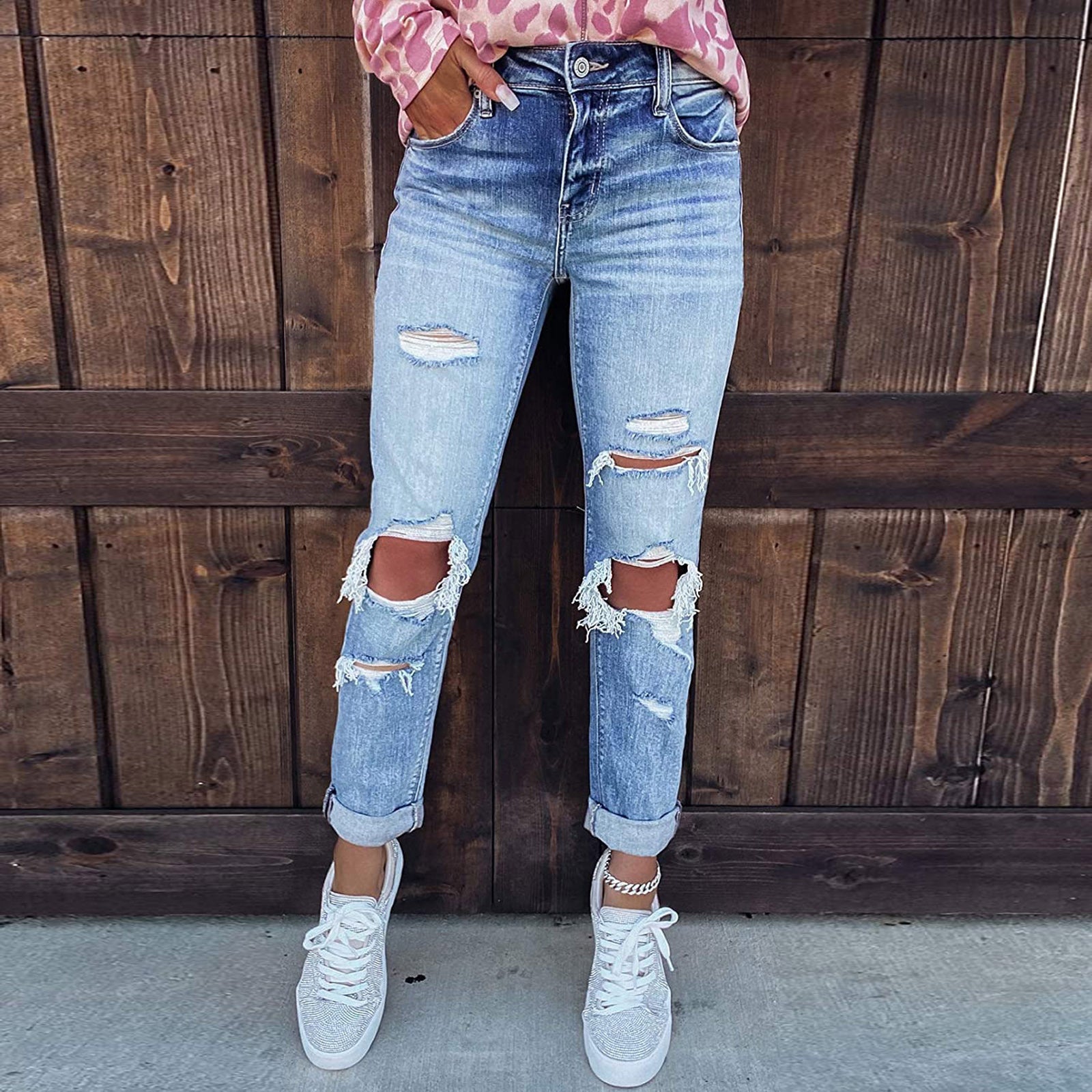 High Waist Slim Fit Distressed Jeans – Women’s Street Style Denim Pants