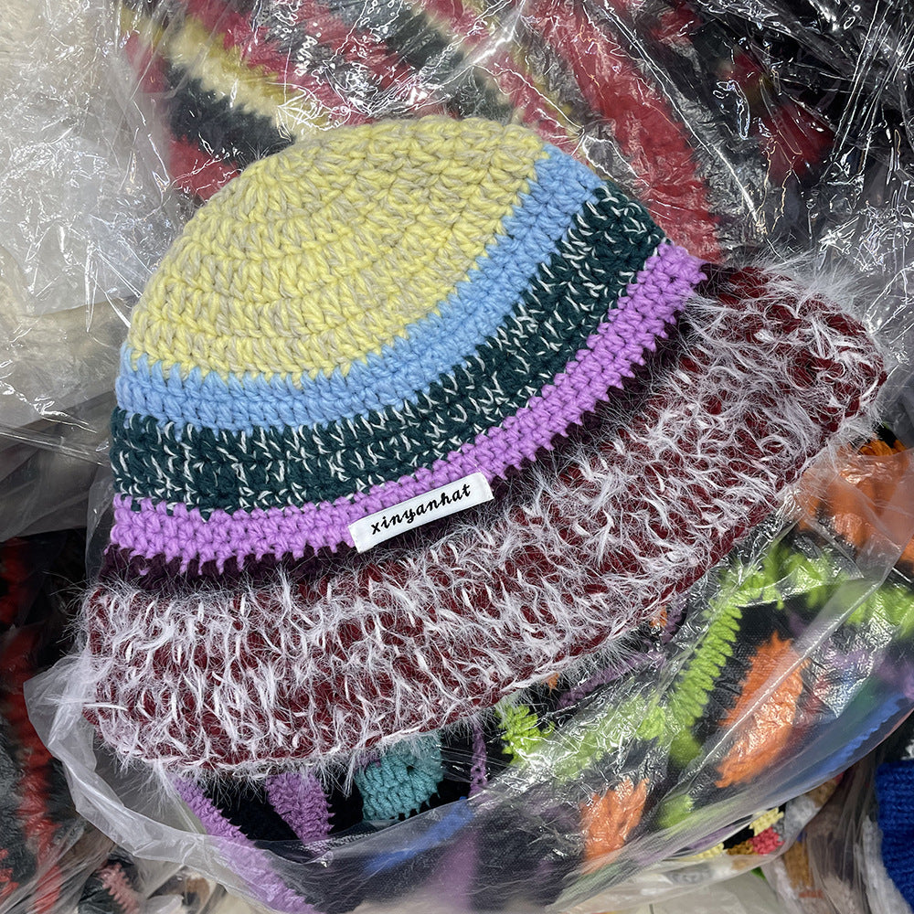 Niche Retro Contrast Color Stripes Hand Crocheting Woolen Cap