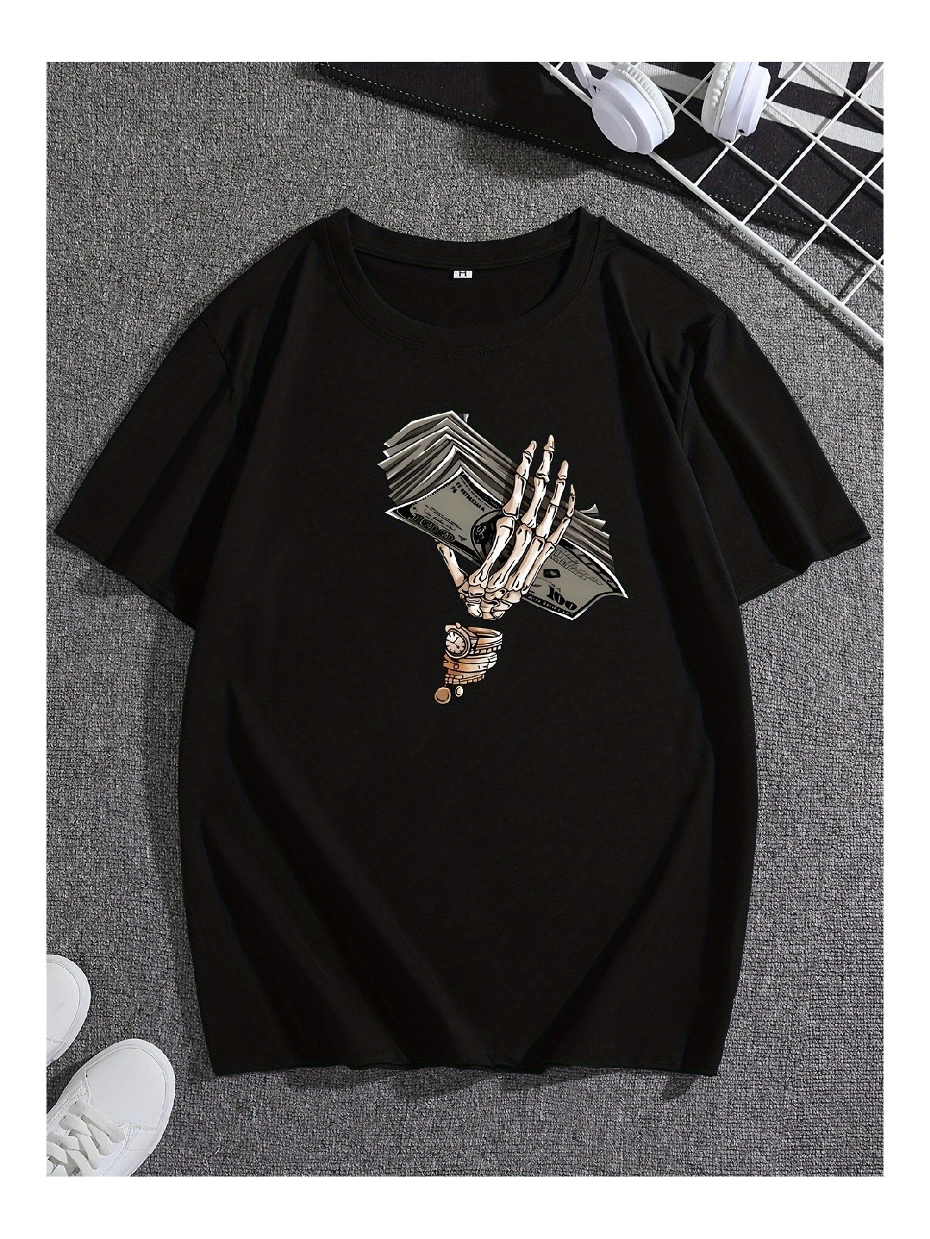 Unisex Cotton Short Sleeve Skull Hand Print Tee Regular Fit